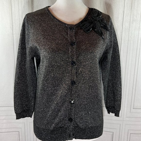 august silk Sweaters - LN August Silk Black & Silver Metallic Cardigan with Black Ornate Bow on…